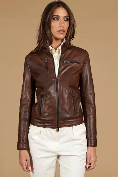 D'arienzo Brown Natural Lamb Leather Biker Jacket Four Zipper Pockets