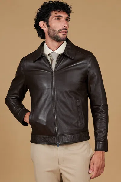 D'arienzo Brown Natural Lamb Leather Biker Jacket Shirt Collar