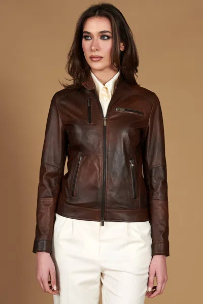 D'arienzo Brown Natural Lamb Leather Biker Jacket Smooth Aspect In Multi