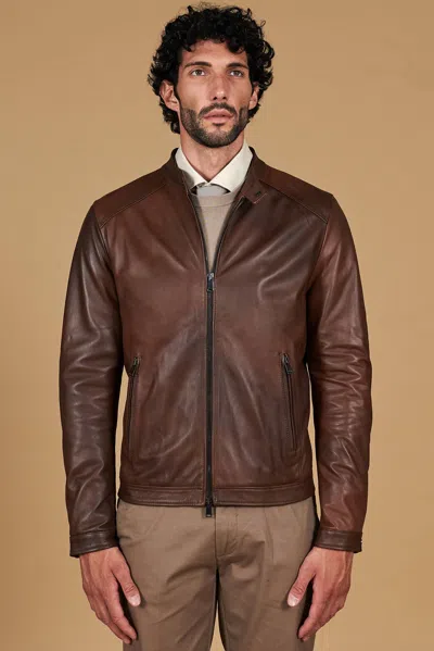 D'arienzo Brown Natural Leather Biker Jacket Smooth Aspect