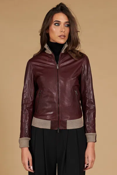 D'arienzo Burgundy Natural Leather Bomber Jacket Merino Wool Collar
