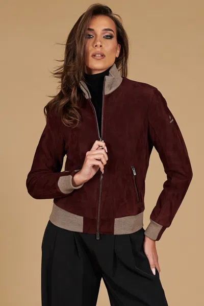 D'arienzo Burgundy Suede Leather Bomber Jacket With Merino Wool Collar In Multi