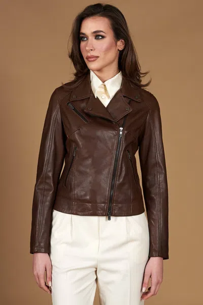 D'arienzo Cloudy Brown Natural Lamb Leather Biker Jacket Cross Zipper