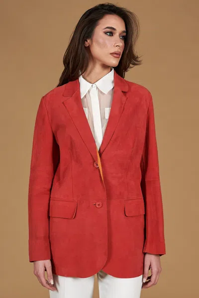 D'arienzo Coral Suede Lamb Leather Jacket Blazer Style In Red