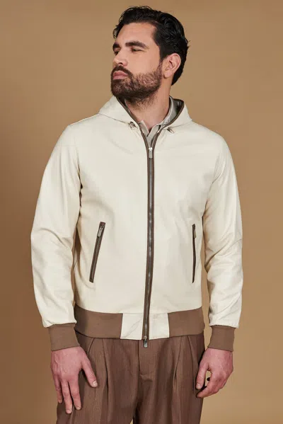 D'arienzo Cream Hooded Natural Lamb Leather Bomber Jacket In White