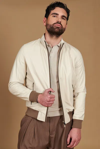 D'arienzo Cream Lamb Leather Bomber Jacket With Taupe Contrasting Profiles In Neutral