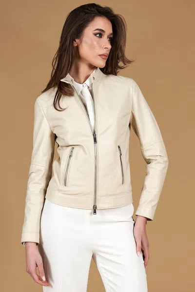 D'arienzo Cream Nappa Lamb Leather Biker Jacket Two Pockets In Nude