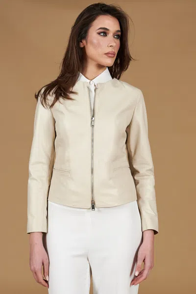 D'arienzo Cream Nappa Lamb Leather Jacket Round Collar In Neutral