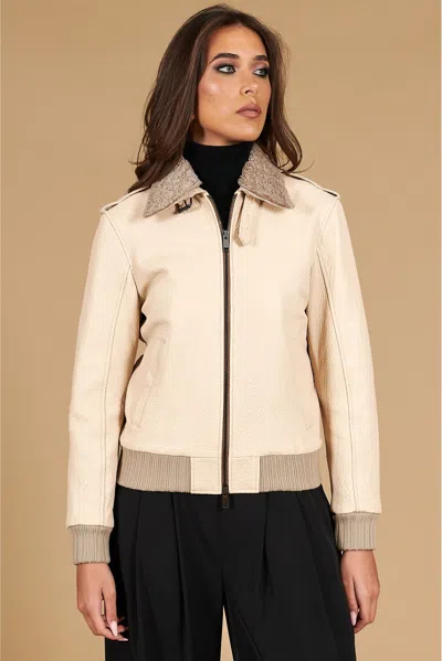 D'arienzo Cream Wrinkled Leather Bomber Jacket Sheraling Collar In Neutral