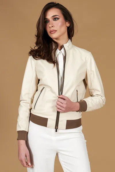 D'arienzo Cream-colored Leather Bomber Jacket With Taupe Profiles