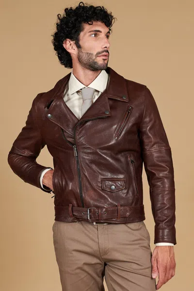 D'arienzo Dark Brown Belted Lamb Leather Biker Jacket Vintage Effect
