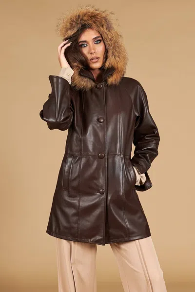 D'arienzo Dark Brown Hooded Nappa Lamb Leather Coat Comfort Fit
