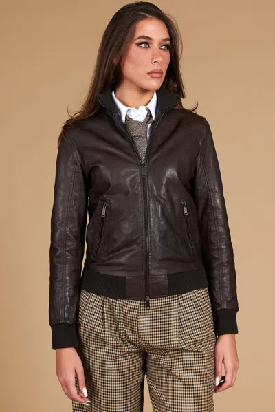 D'arienzo Dark Brown Lamb Leather Bomber Jacket Vintage Effect In Animal Print