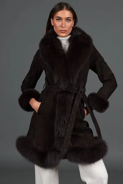 D'arienzo Dark Brown Lamb Shearling Coat With Fox Fur Collar In Multi