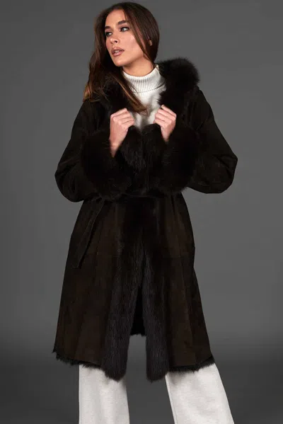 D'arienzo Dark Brown Lamb Shearling Coat With Fox Fur Edged Hood In Black