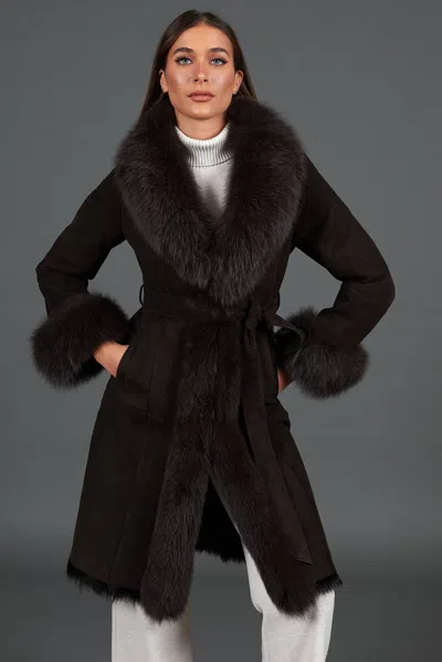 D'arienzo Dark Brown Lamb Shearling Coat With Fox Fur Edges
