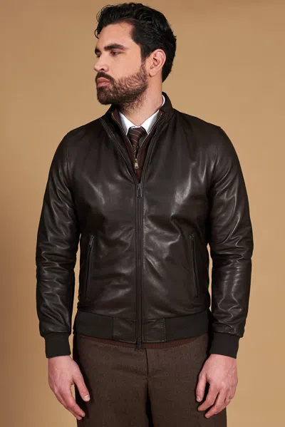 D'arienzo Dark Brown Nappa Lamb Leather Bomber Jacket Smooth Aspect In Animal Print