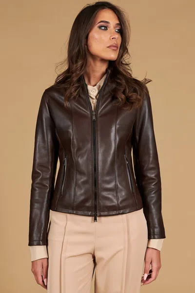 D'arienzo Dark Brown Natural Lamb Leather Biker Jacket Korean Collar In Multi