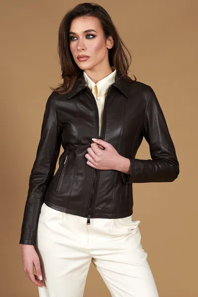 D'arienzo Dark Brown Natural Lamb Leather Biker Jacket Shirt Collar In Animal Print