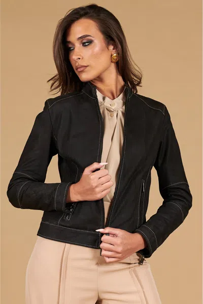 D'arienzo Dark Brown Nubuck Leather Jacket With Contrasting Stitching In Multi