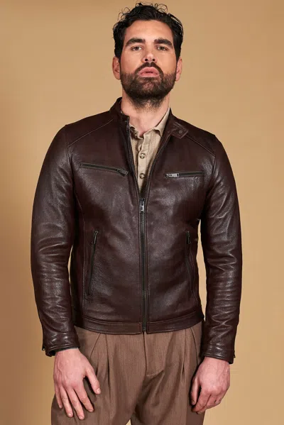 D'arienzo Dark Brown Pull Up Lamb Leather Biker Jacket Four Zipper Pockets In Animal Print