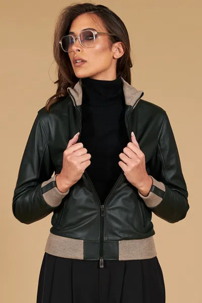 D'arienzo Dark Green Natural Leather Bomber Jacket Merino Wool Collar In Black