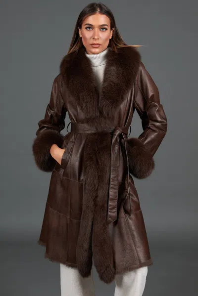 D'arienzo Dark Nappa Lapin Fur Coat With Fox Fur Collar In Brown