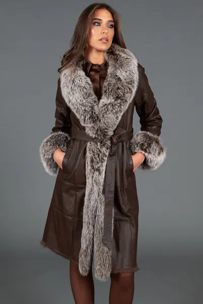 D'arienzo Dark Nappa Lapin Fur Coat With Frosted Fox Fur Collar In Brown