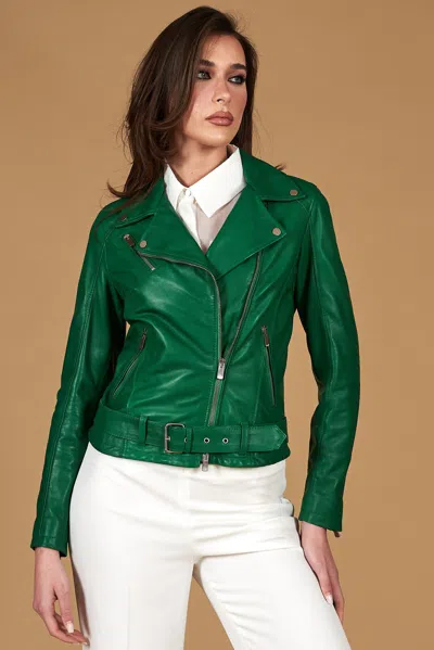 D'arienzo Green Belted Natural Lamb Leather Biker Jacket