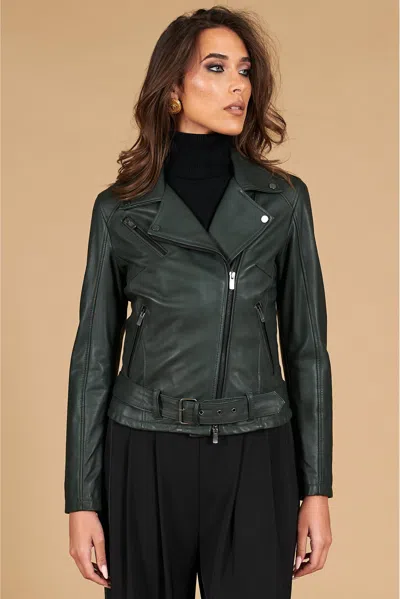 D'arienzo Green Belted Natural Leather Biker Jacket Smooth Effect In Multi