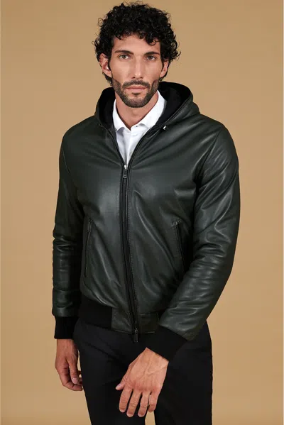 D'arienzo Green Hooded Natural Lamb Leather Bomber Jacket In Multi