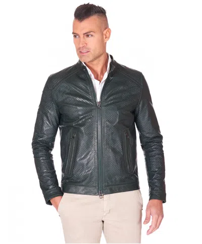 D'arienzo Green Laser Cut Leather Biker Jacket Korean Collar In Black