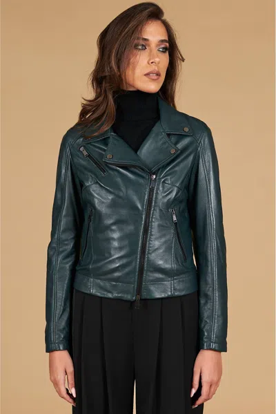 D'arienzo Green Natural Lamb Leather Biker Jacket Cross Zipper In Blue