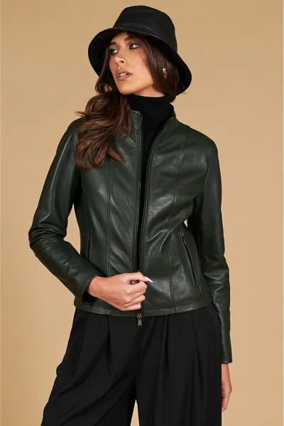 D'arienzo Green Natural Lamb Leather Biker Jacket Korean Collar