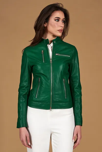 D'arienzo Green Natural Lamb Leather Biker Jacket Smooth Aspect