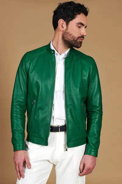 D'arienzo Green Natural Leather Biker Jacket Smooth Aspect