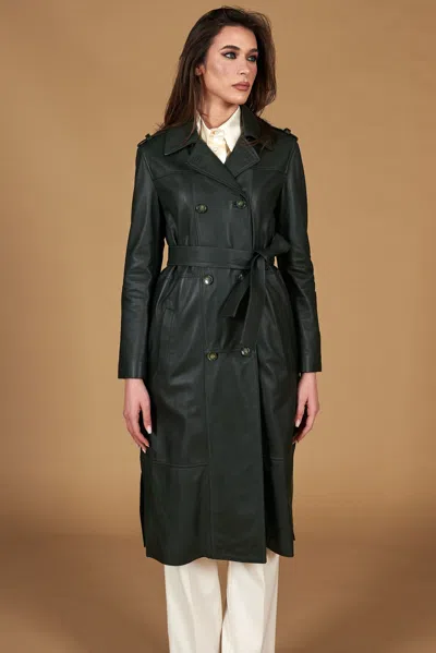 D'arienzo Green Natural Leather Double-breasted Coat Both Sides Rips In Black