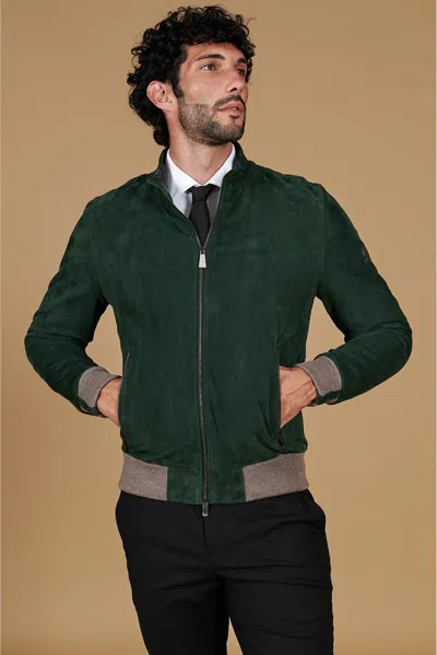 D'arienzo Green Suede Lamb Leather Bomber Jacket Korean Collar