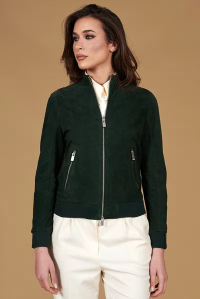 D'arienzo Green Suede Leather Bomber Jacket Korean Collar