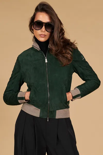 D'arienzo Green Suede Leather Bomber Jacket With Merino Wool Collar In Animal Print