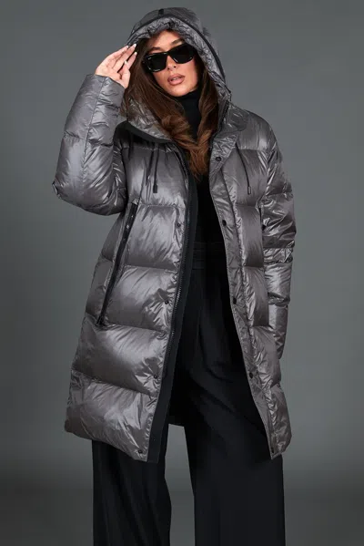 D'arienzo Grey Long Jacket In Real Down That Can Be Folded Up Into A Backpack In Black