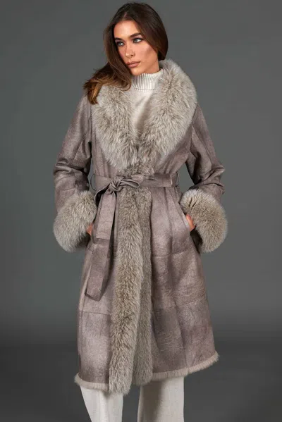 D'arienzo Grey Nappa Lapin Fur Coat With Fox Fur Collar In Neutral