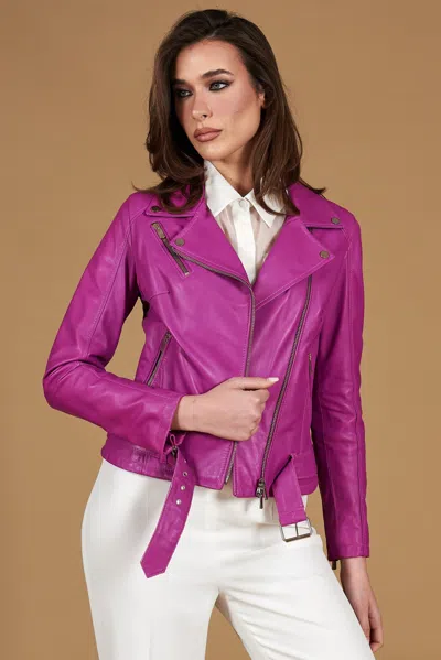 D'arienzo Lilac Belted Natural Lamb Leather Biker Jacket In Purple