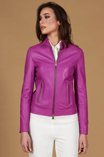 D'arienzo Lilac Natural Lamb Leather Biker Jacket Smooth Aspect In Purple