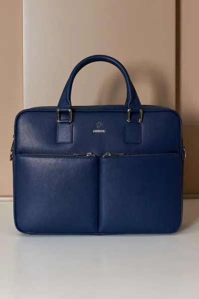 D'arienzo Navy Blue 24h Briefcase In Saffiano Calf Leather With Double Pocket