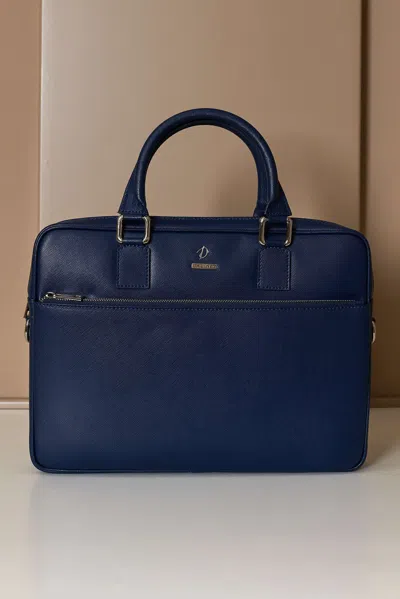 D'arienzo Navy Blue 24h Briefcase In Saffiano Calf Leather With Zip Pocket