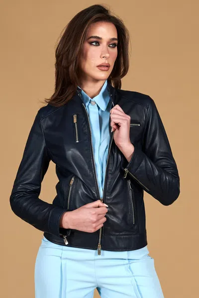 D'arienzo Navy Blue Natural Lamb Leather Biker Jacket Smooth Aspect
