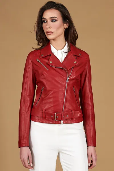 D'arienzo Red Belted Nappa Lamb Leather Biker Jacket