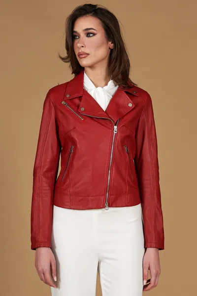 D'arienzo Red Nappa Lamb Leather Biker Jacket Cross Zipper