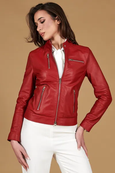 D'arienzo Red Nappa Lamb Leather Biker Jacket Four Zipper Pockets In Multi